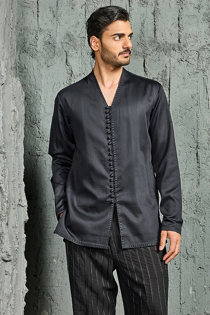 Black Egyptain Cotton Embroidered Jacket Set by Sarab Khanijou at Pernia's Pop Up Shop