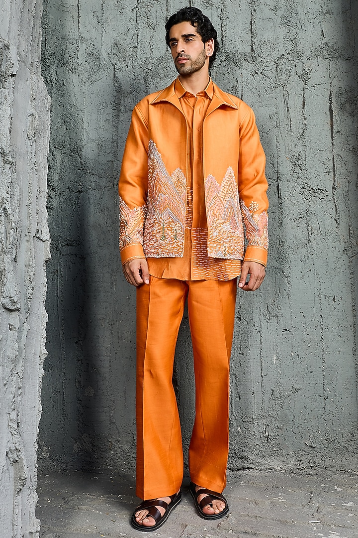 Orange Chanderi Silk Embroidered Jacket Set by Sarab Khanijou at Pernia's Pop Up Shop