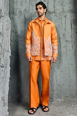 Orange Chanderi Silk Embroidered Jacket Set by Sarab Khanijou
