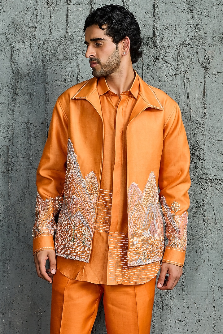 Orange Chanderi Silk Embroidered Jacket Set by Sarab Khanijou at Pernia's Pop Up Shop