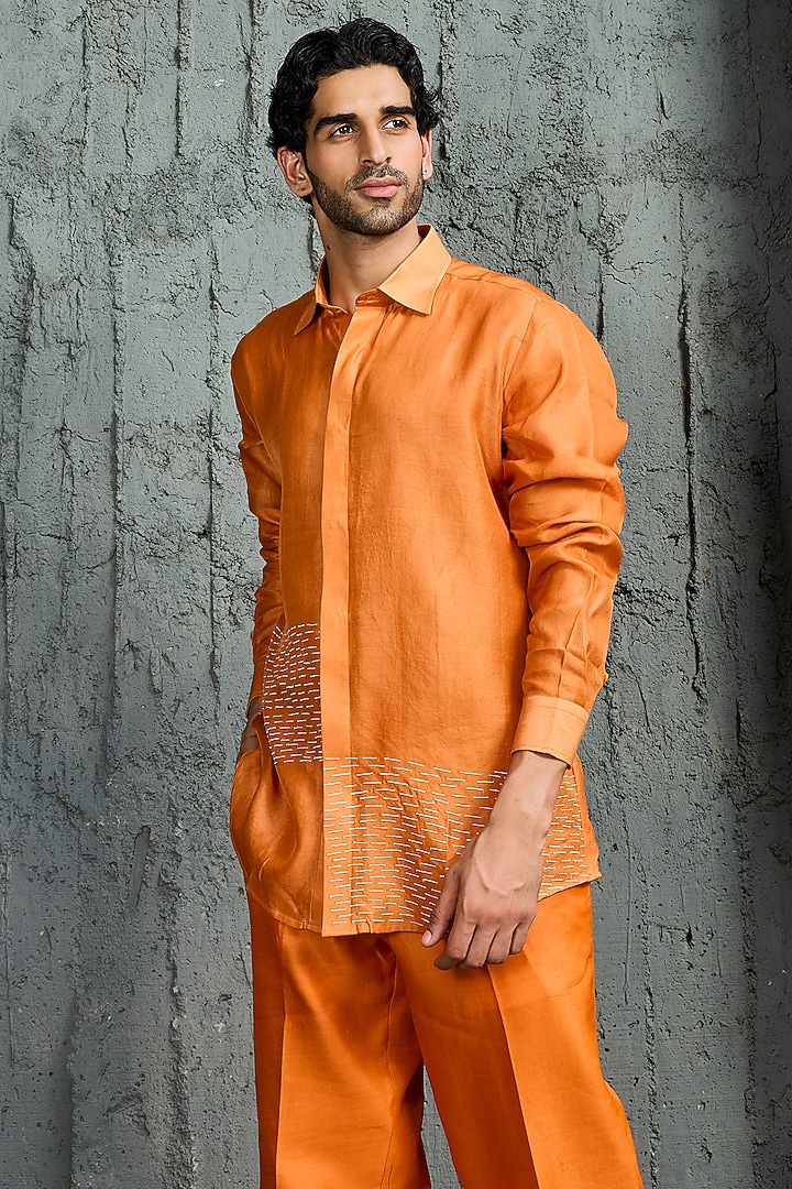 Orange Chanderi Silk Embroidered Jacket Set by Sarab Khanijou at Pernia's Pop Up Shop