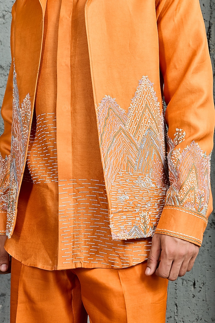 Orange Chanderi Silk Embroidered Jacket Set by Sarab Khanijou at Pernia's Pop Up Shop