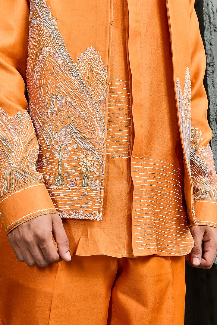 Orange Chanderi Silk Embroidered Jacket Set by Sarab Khanijou at Pernia's Pop Up Shop