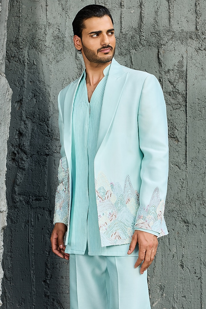Powder Blue Chanderi Silk Embroidered Jacket Set by Sarab Khanijou at Pernia's Pop Up Shop