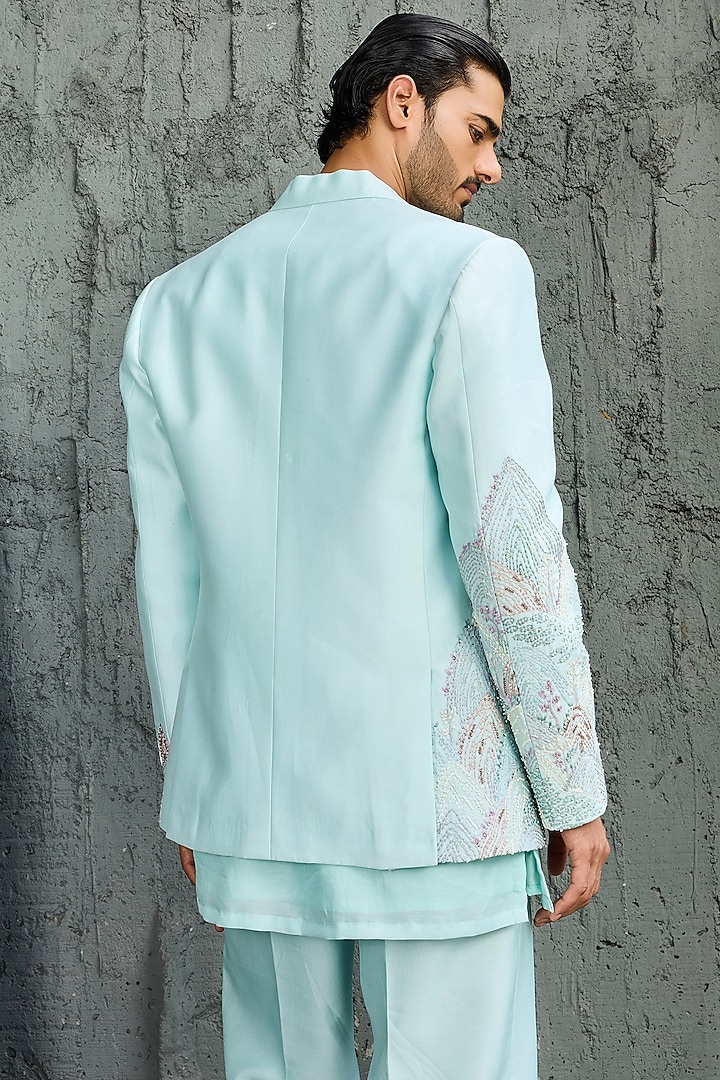 Powder Blue Chanderi Silk Embroidered Jacket Set by Sarab Khanijou at Pernia's Pop Up Shop