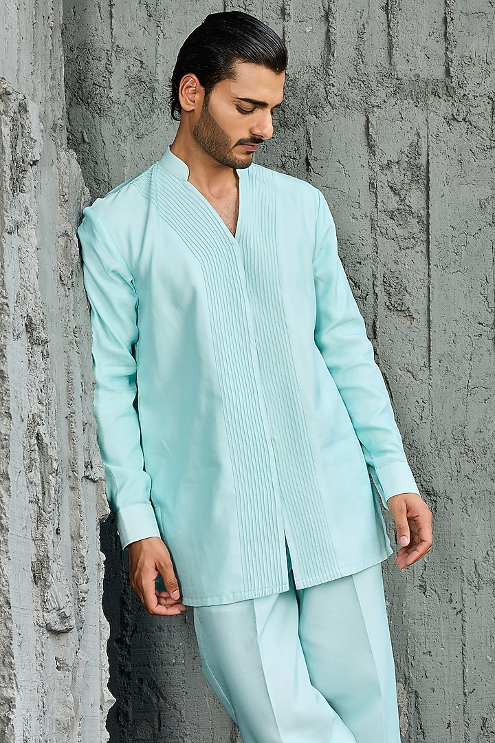Powder Blue Chanderi Silk Embroidered Jacket Set by Sarab Khanijou at Pernia's Pop Up Shop