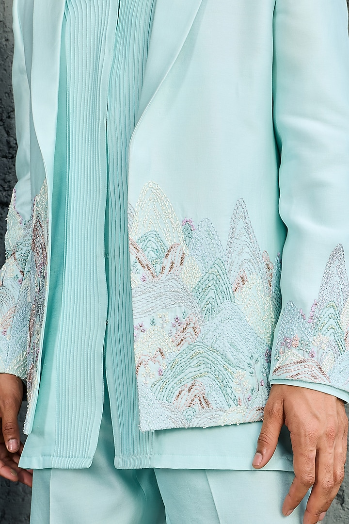 Powder Blue Chanderi Silk Embroidered Jacket Set by Sarab Khanijou at Pernia's Pop Up Shop