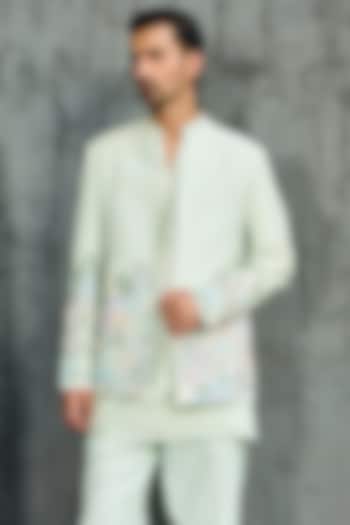 Mint Green Chanderi Silk Embroidered Jacket Set by Sarab Khanijou at Pernia's Pop Up Shop