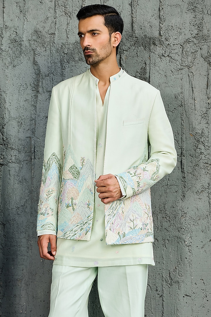 Mint Green Chanderi Silk Embroidered Jacket Set by Sarab Khanijou at Pernia's Pop Up Shop