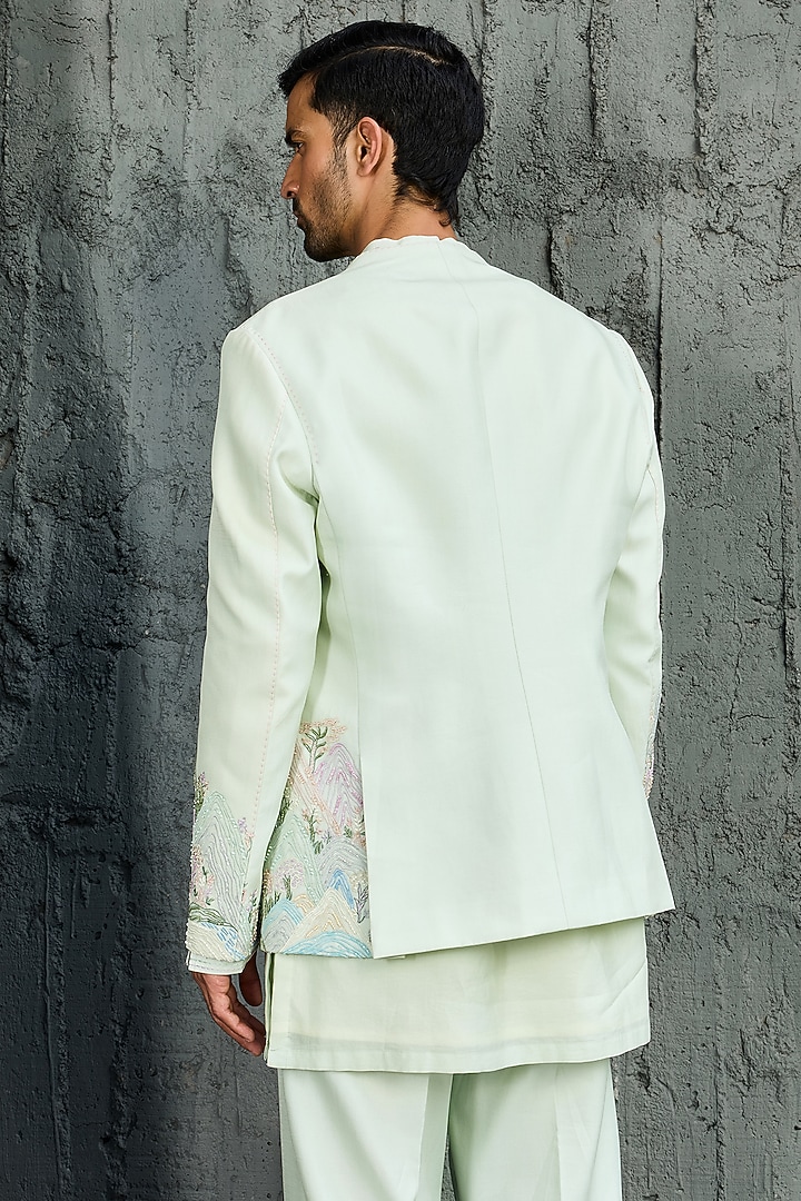 Mint Green Chanderi Silk Embroidered Jacket Set by Sarab Khanijou at Pernia's Pop Up Shop