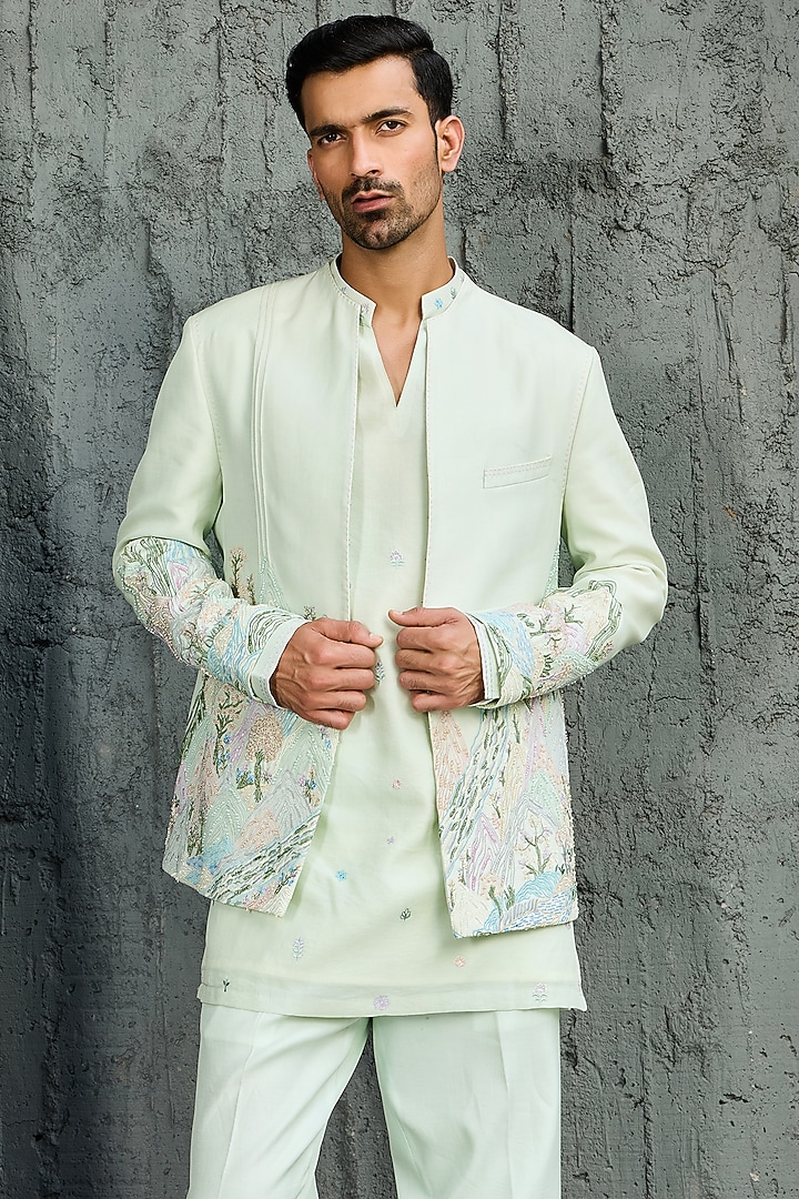 Mint Green Chanderi Silk Embroidered Jacket Set by Sarab Khanijou at Pernia's Pop Up Shop