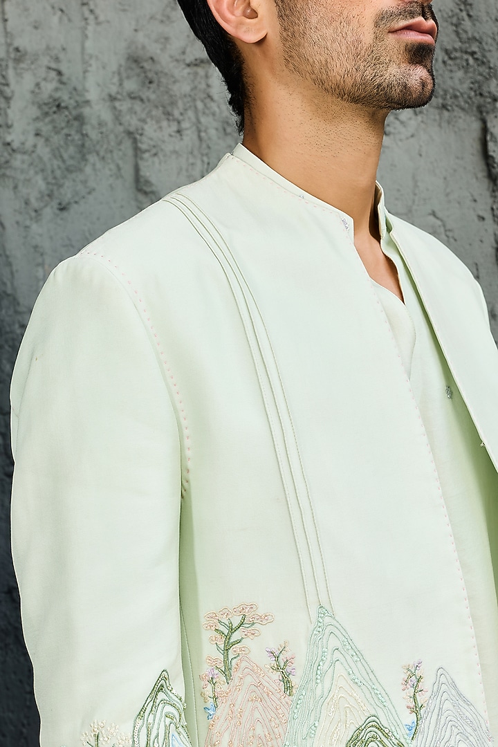 Mint Green Chanderi Silk Embroidered Jacket Set by Sarab Khanijou at Pernia's Pop Up Shop
