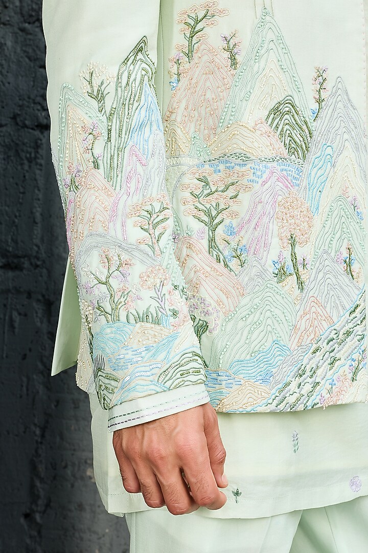 Mint Green Chanderi Silk Embroidered Jacket Set by Sarab Khanijou at Pernia's Pop Up Shop