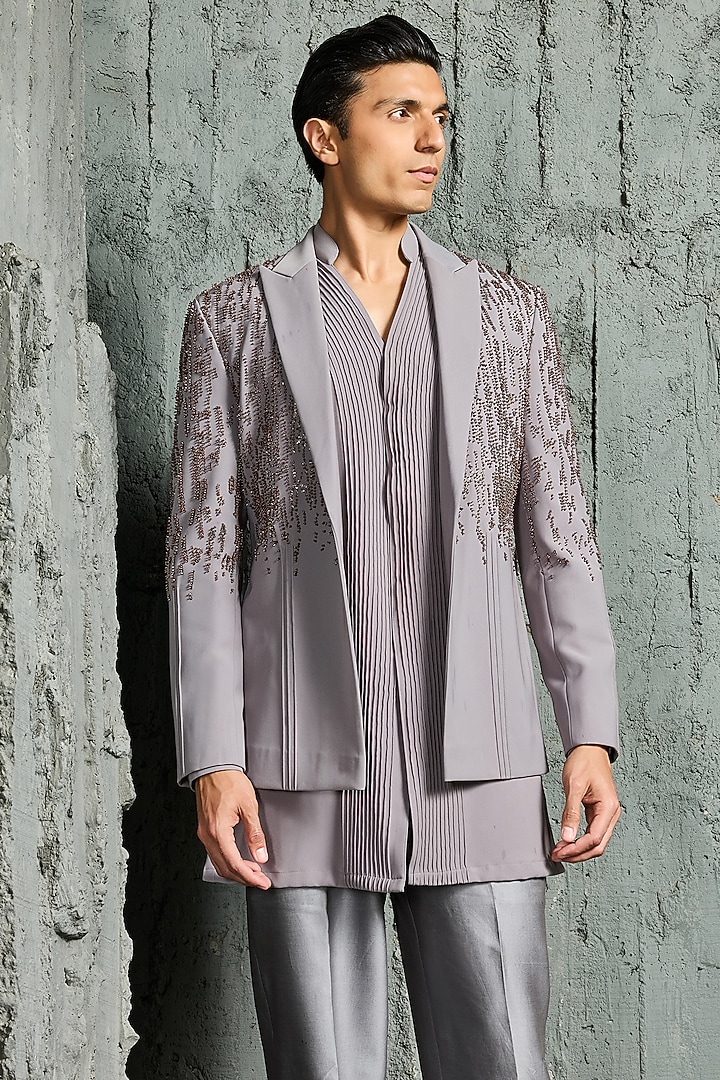 Grey Chanderi Silk Cutdana Embroidered Jacket Set by Sarab Khanijou at Pernia's Pop Up Shop