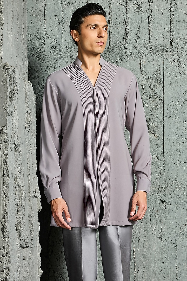 Grey Chanderi Silk Cutdana Embroidered Jacket Set by Sarab Khanijou at Pernia's Pop Up Shop