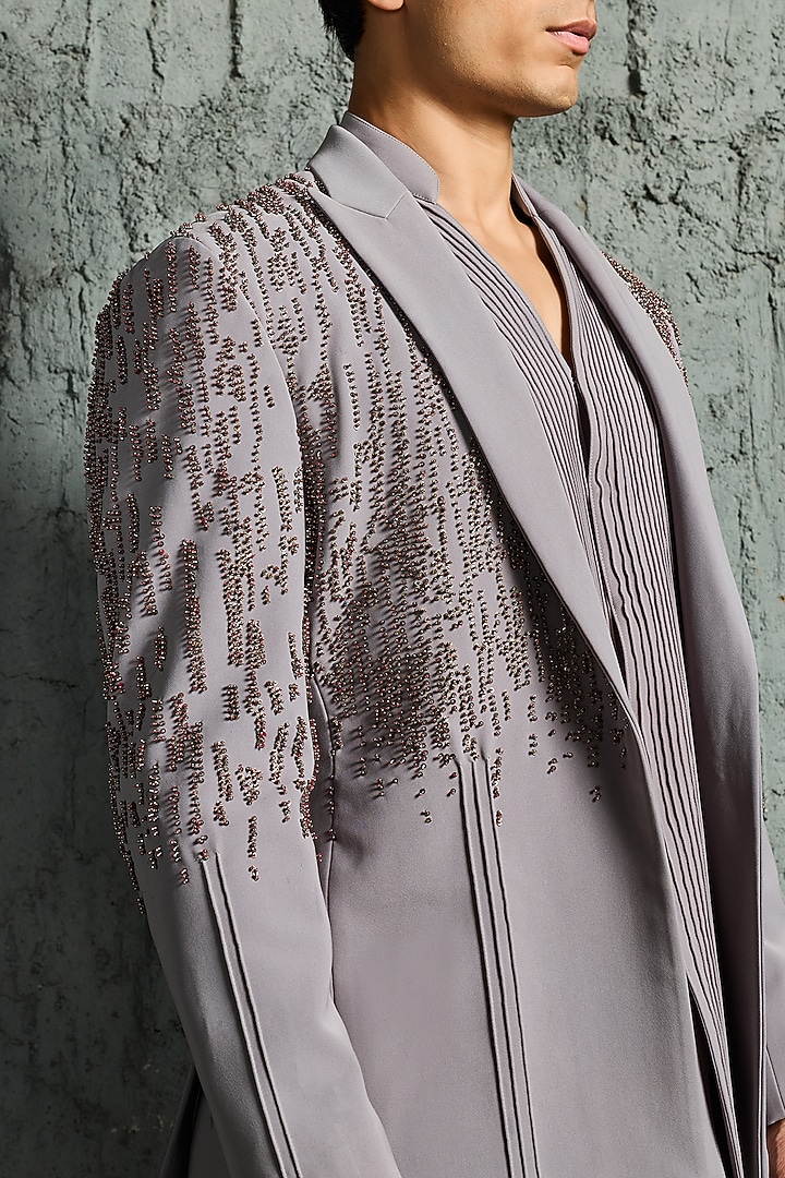Grey Chanderi Silk Cutdana Embroidered Jacket Set by Sarab Khanijou at Pernia's Pop Up Shop