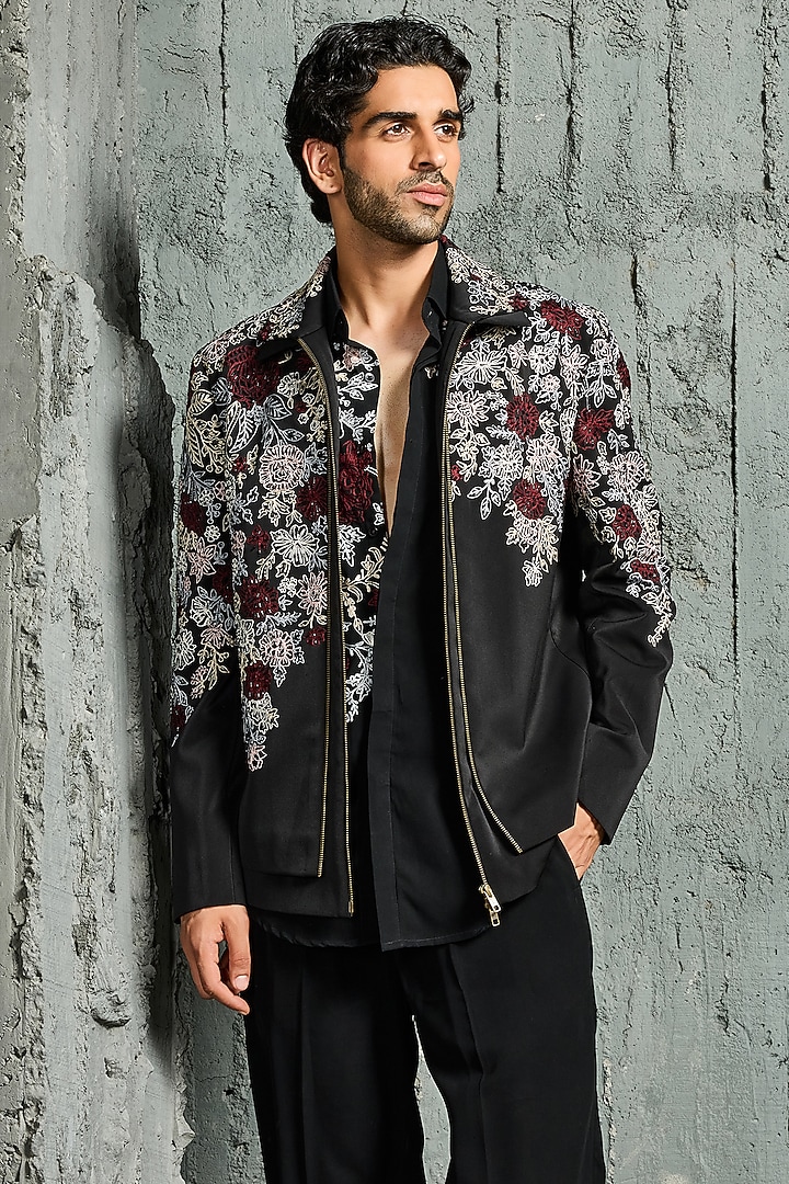Black Sandwash Cutdana Embroidered Jacket Set by Sarab Khanijou at Pernia's Pop Up Shop
