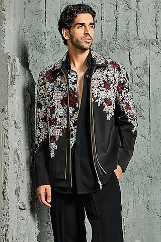 Black Sandwash Cutdana Embroidered Jacket Set by Sarab Khanijou