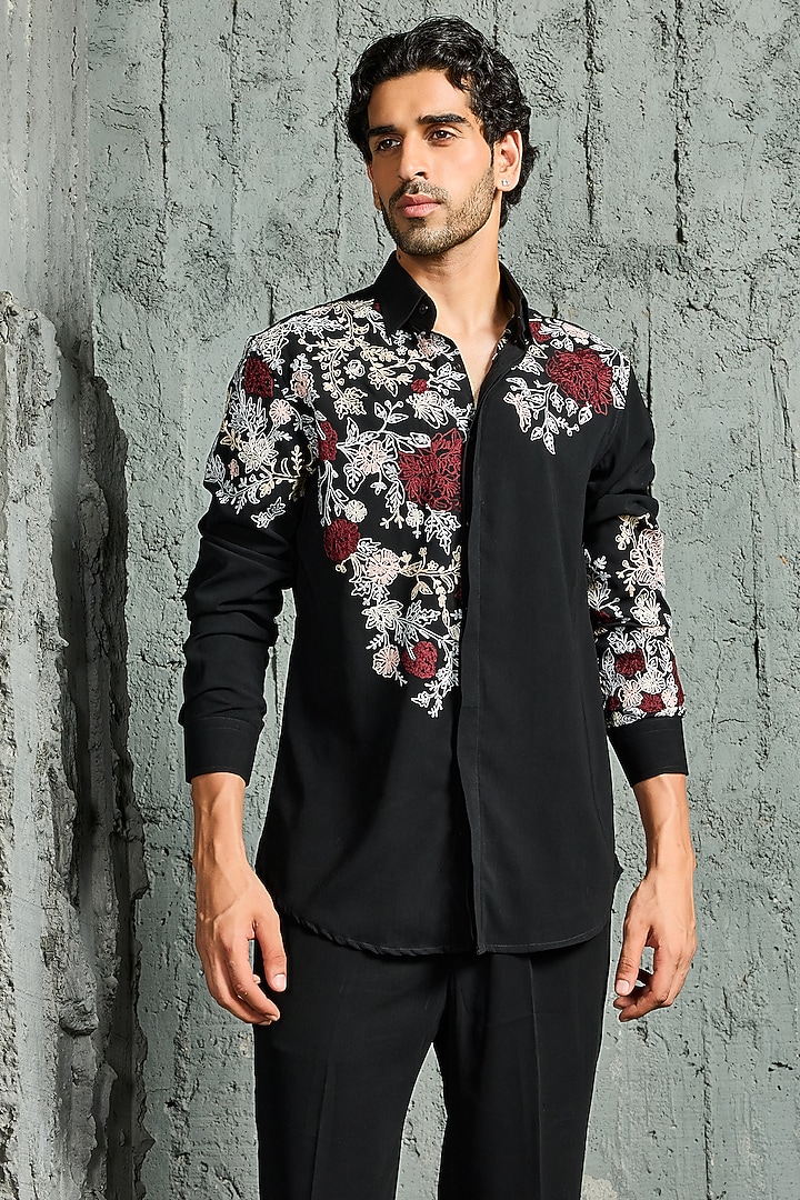 Black Sandwash Cutdana Embroidered Jacket Set by Sarab Khanijou at Pernia's Pop Up Shop