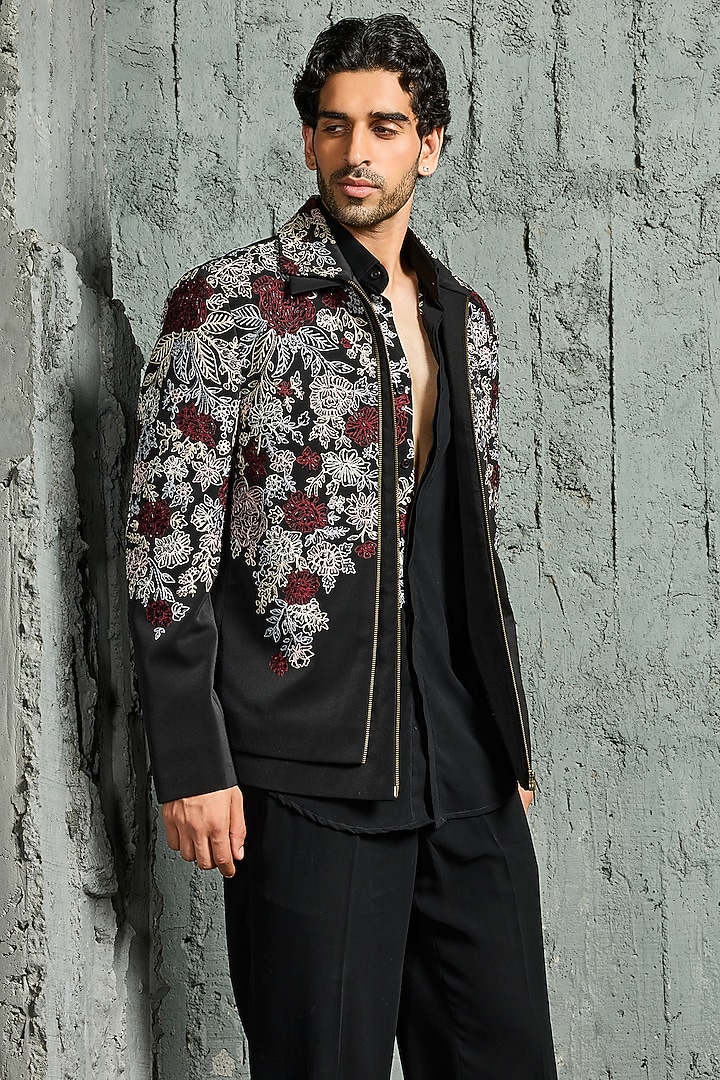 Black Sandwash Cutdana Embroidered Jacket Set by Sarab Khanijou at Pernia's Pop Up Shop