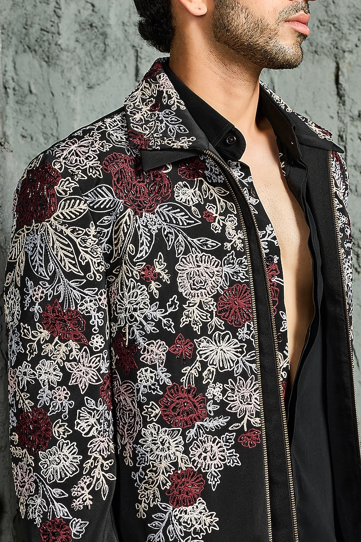 Black Sandwash Cutdana Embroidered Jacket Set by Sarab Khanijou at Pernia's Pop Up Shop