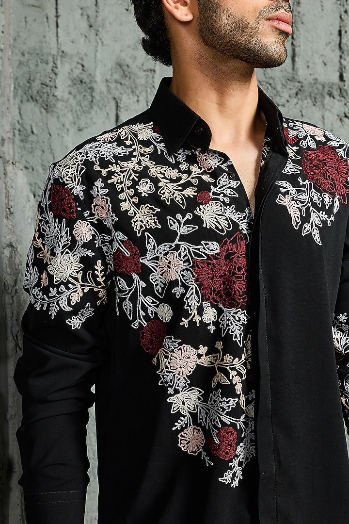 Black Sandwash Cutdana Embroidered Jacket Set by Sarab Khanijou at Pernia's Pop Up Shop