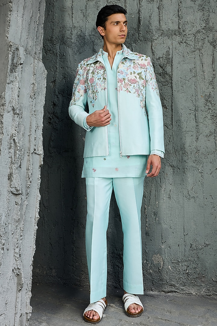 Powder Blue Chanderi Silk Cutdana Embroidered Jacket Set by Sarab Khanijou at Pernia's Pop Up Shop