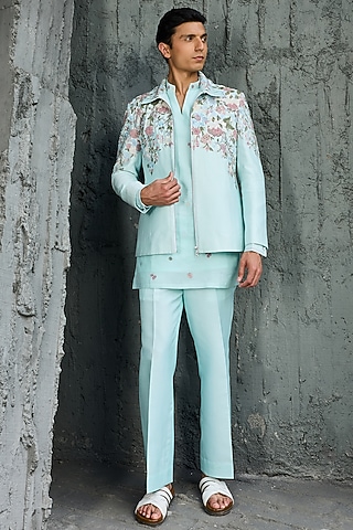 Powder Blue Chanderi Silk Cutdana Embroidered Jacket Set by Sarab Khanijou