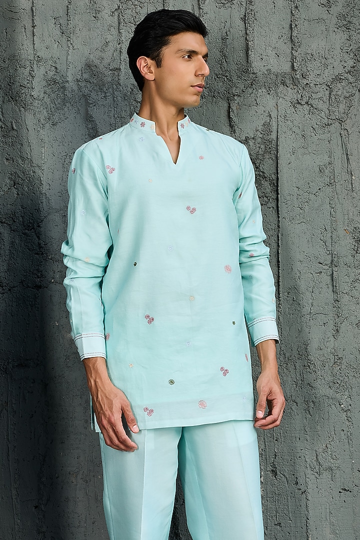 Powder Blue Chanderi Silk Cutdana Embroidered Jacket Set by Sarab Khanijou at Pernia's Pop Up Shop