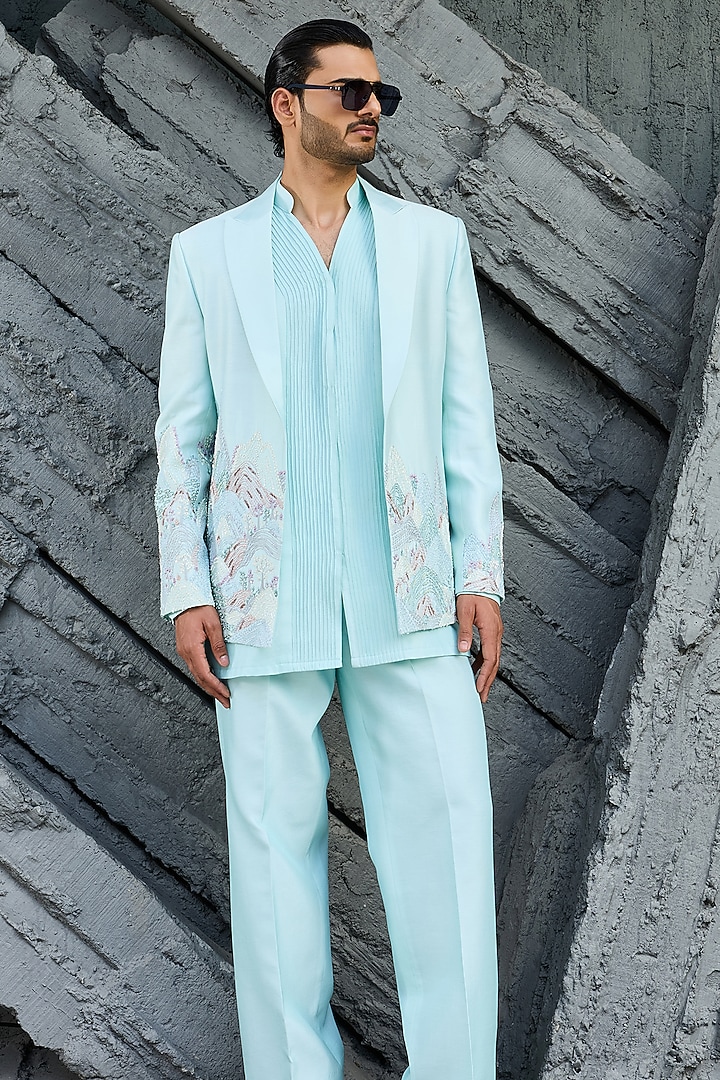 Powder Blue Chanderi Silk Cutdana Embroidered Jacket Set by Sarab Khanijou at Pernia's Pop Up Shop