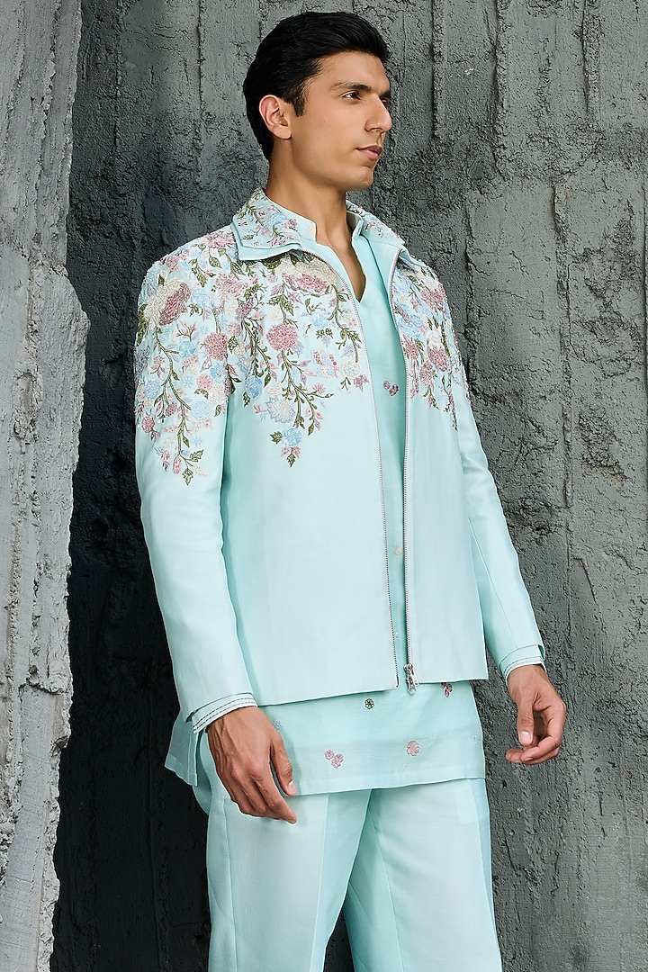 Powder Blue Chanderi Silk Cutdana Embroidered Jacket Set by Sarab Khanijou at Pernia's Pop Up Shop
