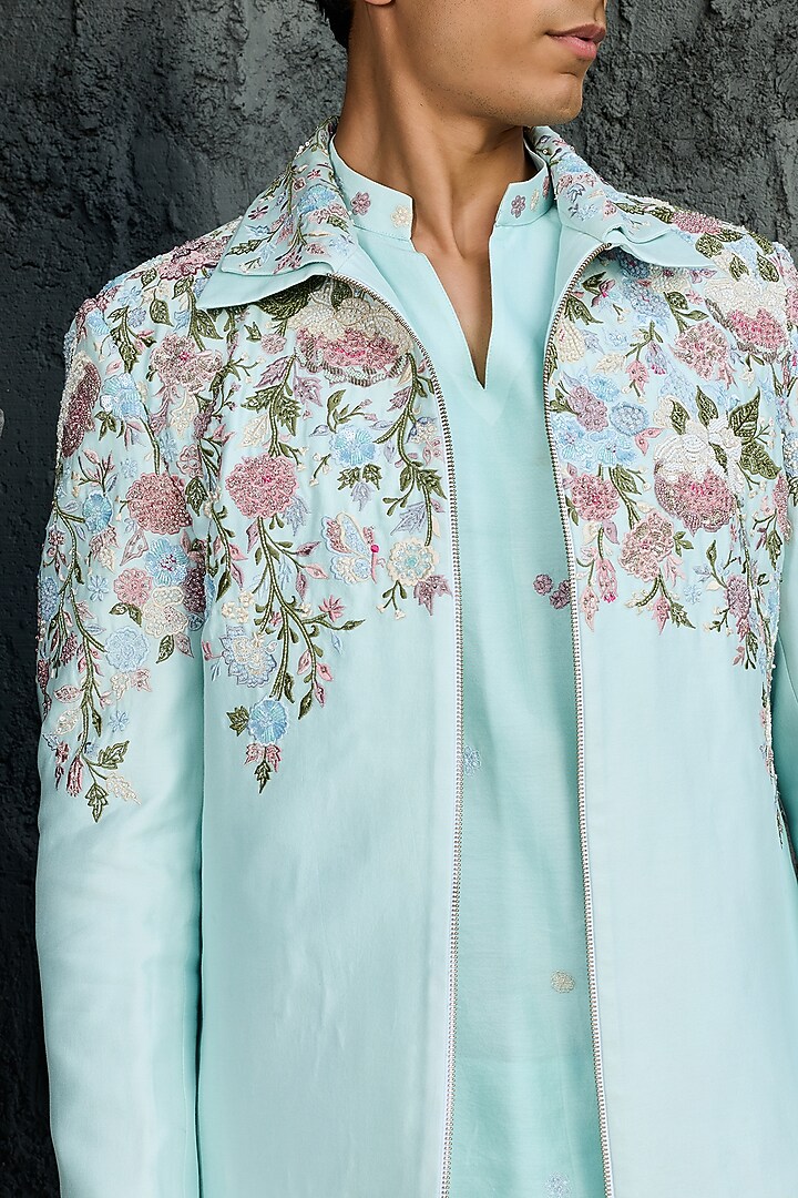 Powder Blue Chanderi Silk Cutdana Embroidered Jacket Set by Sarab Khanijou at Pernia's Pop Up Shop