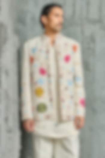 Ivory Chanderi Silk Floral Embroidered Jacket Set by Sarab Khanijou at Pernia's Pop Up Shop