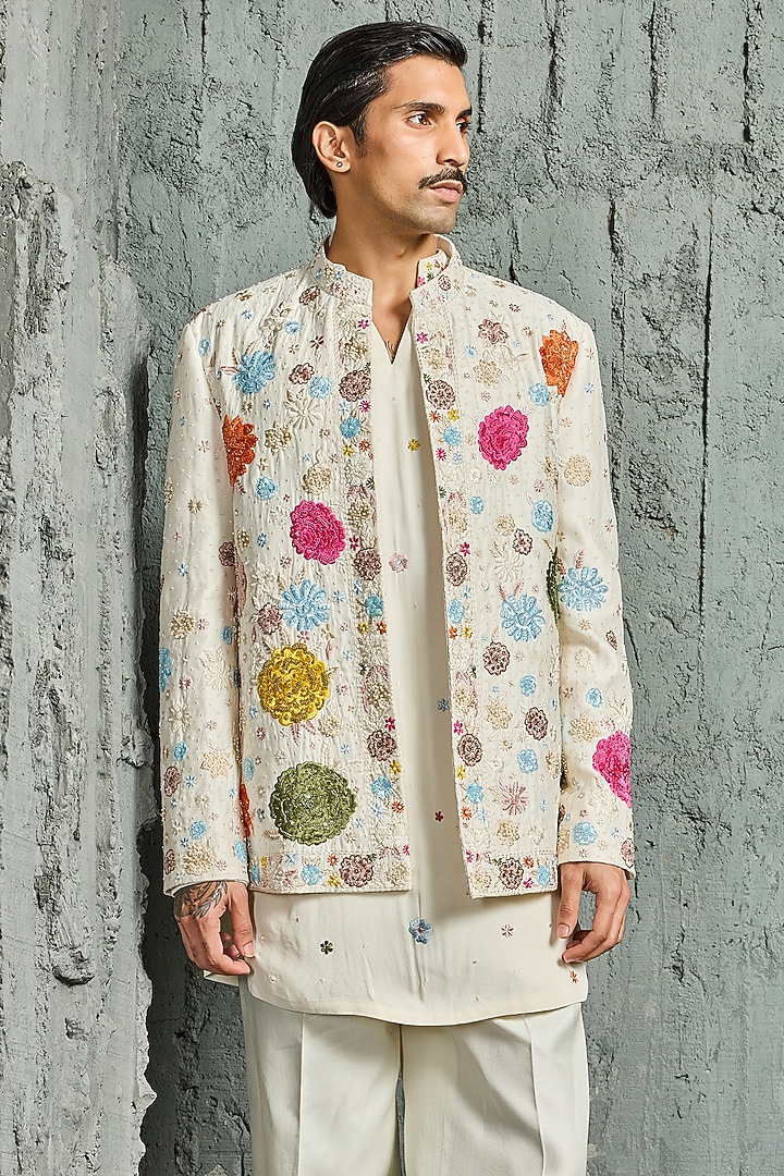 Ivory Chanderi Silk Floral Embroidered Jacket Set by Sarab Khanijou at Pernia's Pop Up Shop