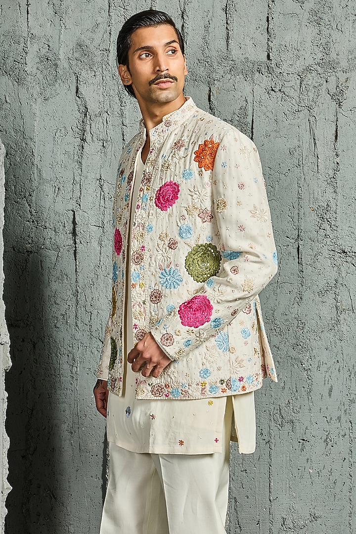 Ivory Chanderi Silk Floral Embroidered Jacket Set by Sarab Khanijou at Pernia's Pop Up Shop
