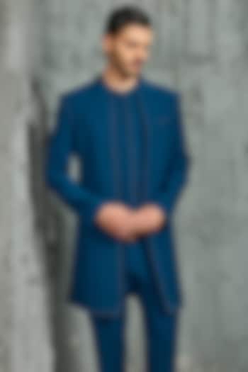 Teal Sandwash Groom Indowestern Set by Sarab Khanijou at Pernia's Pop Up Shop
