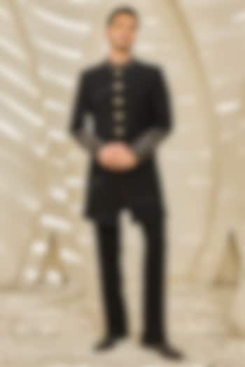 Black Textured Twill Hand Embroidered Groom Indowestern Set by Sarab Khanijou at Pernia's Pop Up Shop