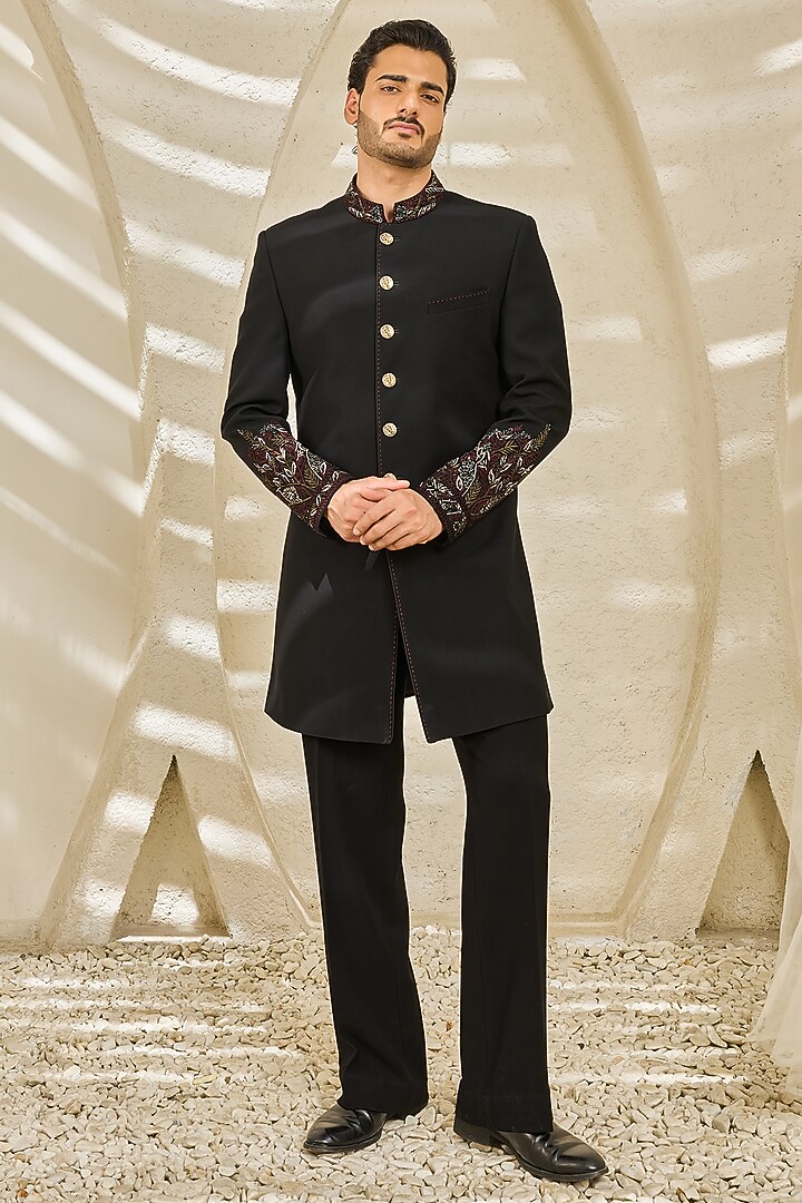 Black Textured Twill Hand Embroidered Groom Indowestern Set by Sarab Khanijou at Pernia's Pop Up Shop
