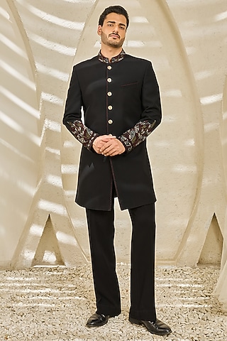 Black Textured Twill Hand Embroidered Indowestern Set by Sarab Khanijou