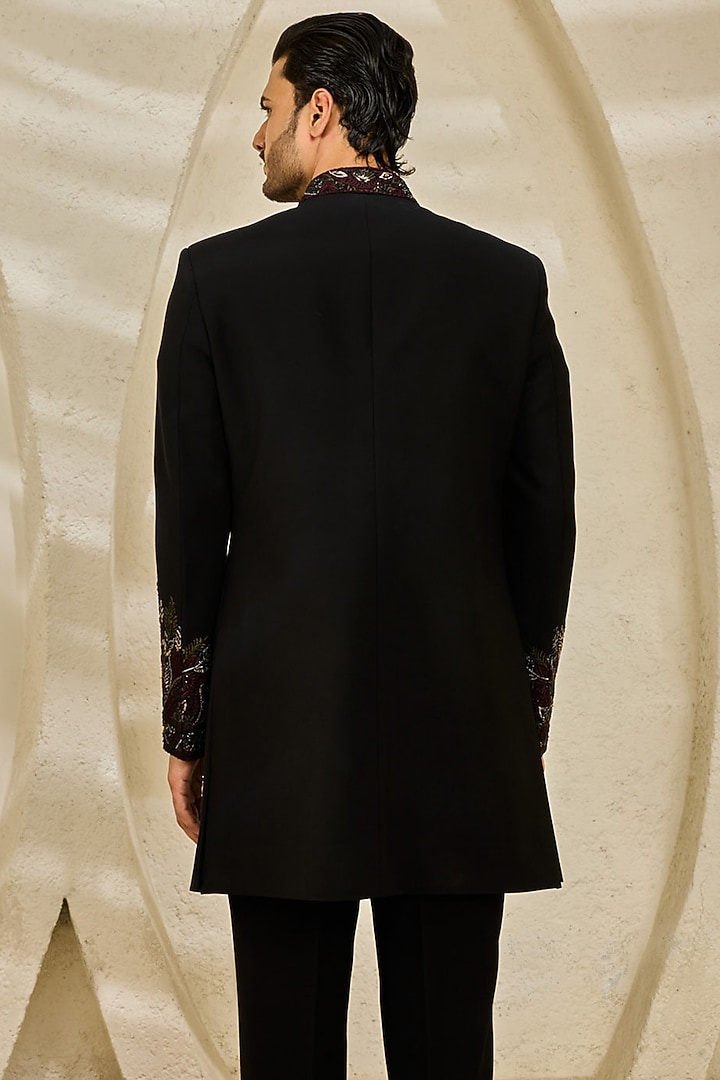 Black Textured Twill Hand Embroidered Groom Indowestern Set by Sarab Khanijou at Pernia's Pop Up Shop