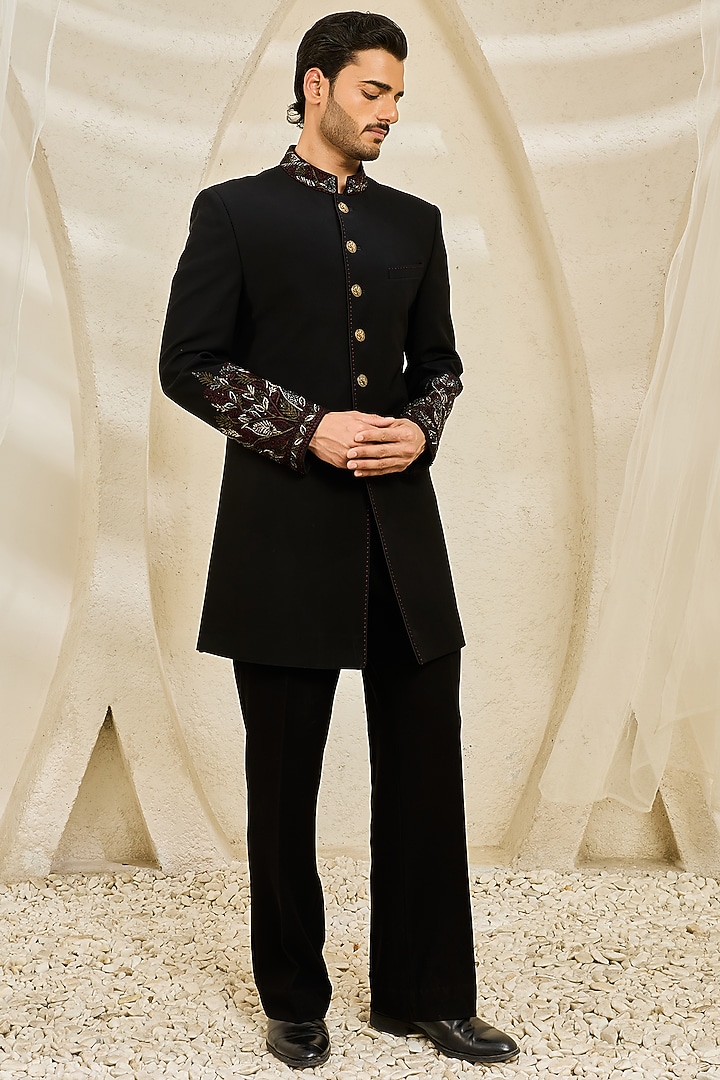 Black Textured Twill Hand Embroidered Groom Indowestern Set by Sarab Khanijou at Pernia's Pop Up Shop