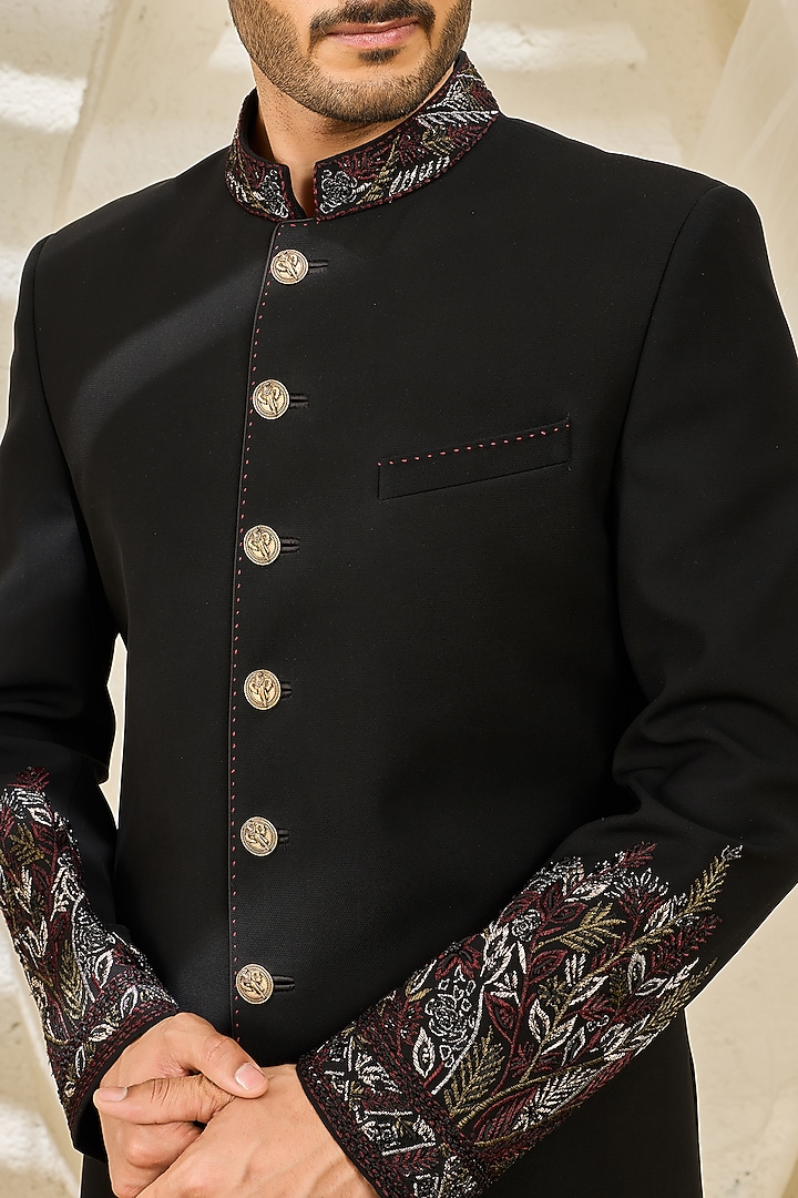 Black Textured Twill Hand Embroidered Groom Indowestern Set by Sarab Khanijou at Pernia's Pop Up Shop