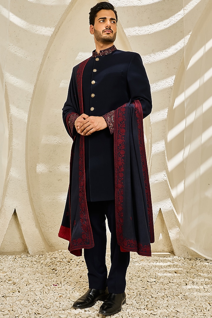 Teal Sandwash Hand Embroidered Groom Indowestern Set by Sarab Khanijou at Pernia's Pop Up Shop