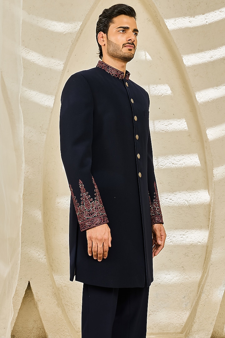 Teal Sandwash Hand Embroidered Groom Indowestern Set by Sarab Khanijou at Pernia's Pop Up Shop