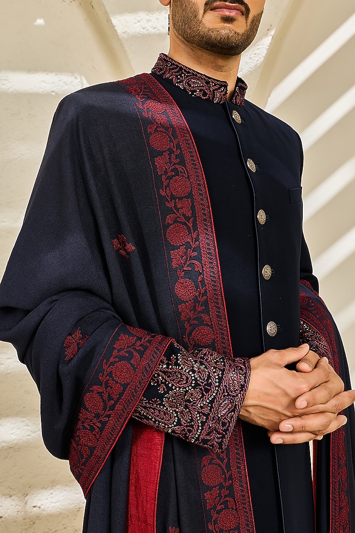 Teal Sandwash Hand Embroidered Groom Indowestern Set by Sarab Khanijou at Pernia's Pop Up Shop