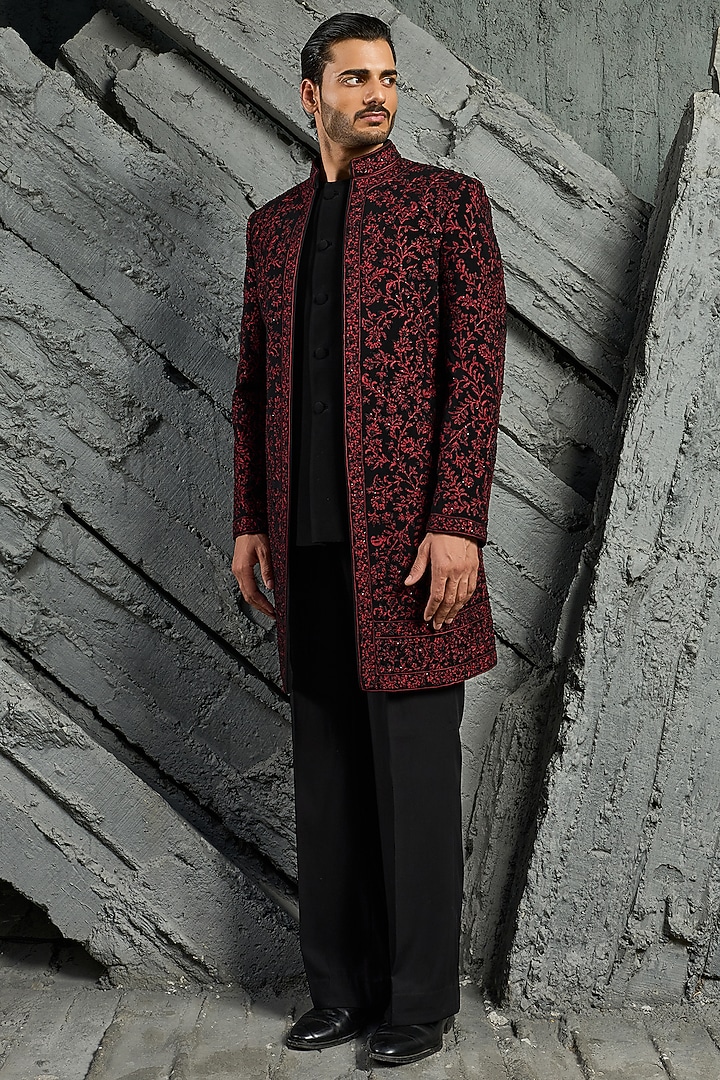 Black Sandwash Hand Embroidered Groom Indowestern Jacket Set by Sarab Khanijou at Pernia's Pop Up Shop