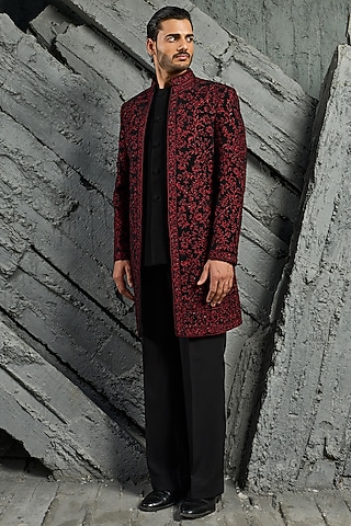 Black Sandwash Hand Embroidered Indowestern Jacket Set by Sarab Khanijou
