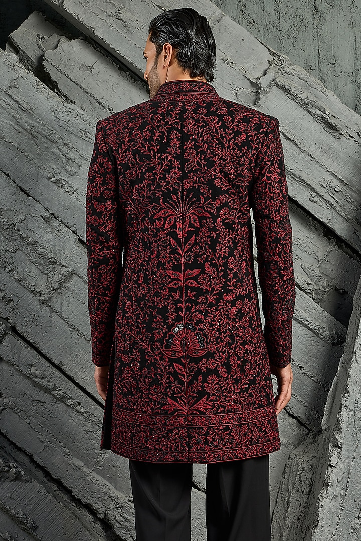 Black Sandwash Hand Embroidered Groom Indowestern Jacket Set by Sarab Khanijou at Pernia's Pop Up Shop