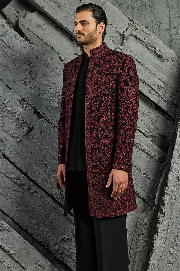 Black Sandwash Hand Embroidered Groom Indowestern Jacket Set by Sarab Khanijou at Pernia's Pop Up Shop