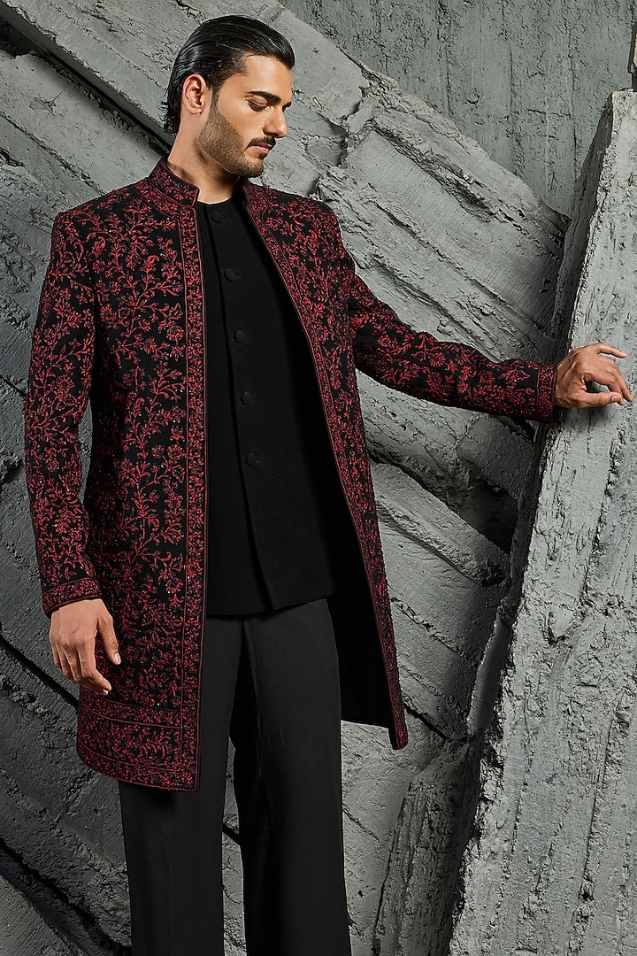 Black Sandwash Hand Embroidered Groom Indowestern Jacket Set by Sarab Khanijou at Pernia's Pop Up Shop